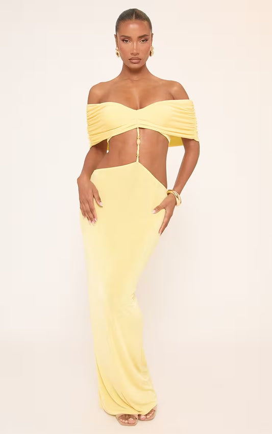 Ego - Bardot Beaded Trim Detail Cut Out Maxi Dress In Yellow