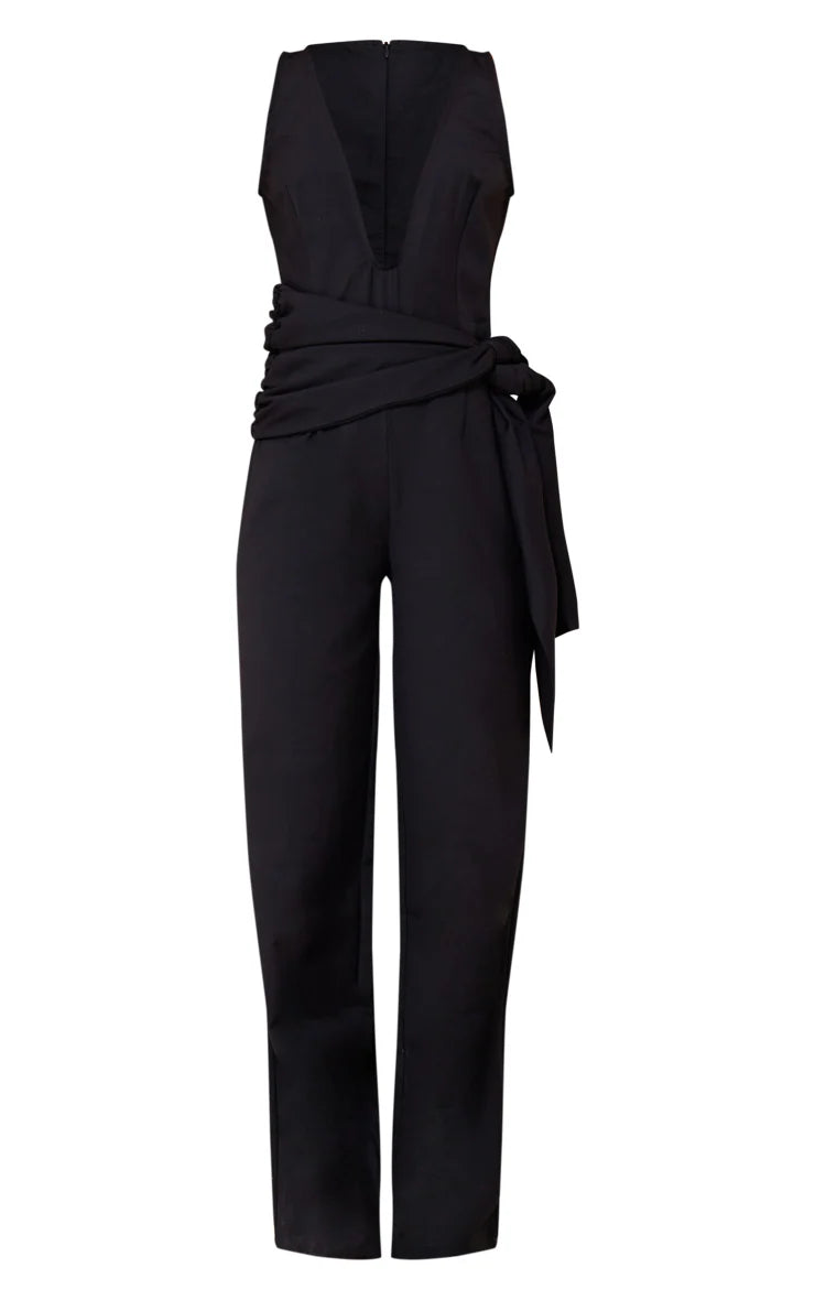 BLACK TAILORED WOVEN PLUNGE WRAP BELT JUMPSUIT