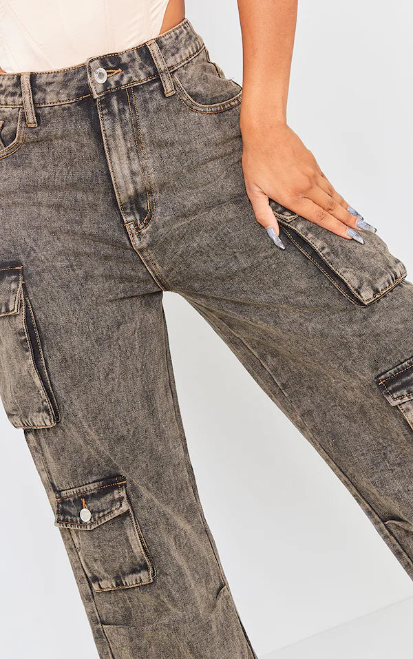 Shape Washed Brown Denim Pocket Detail Cargo Jeans