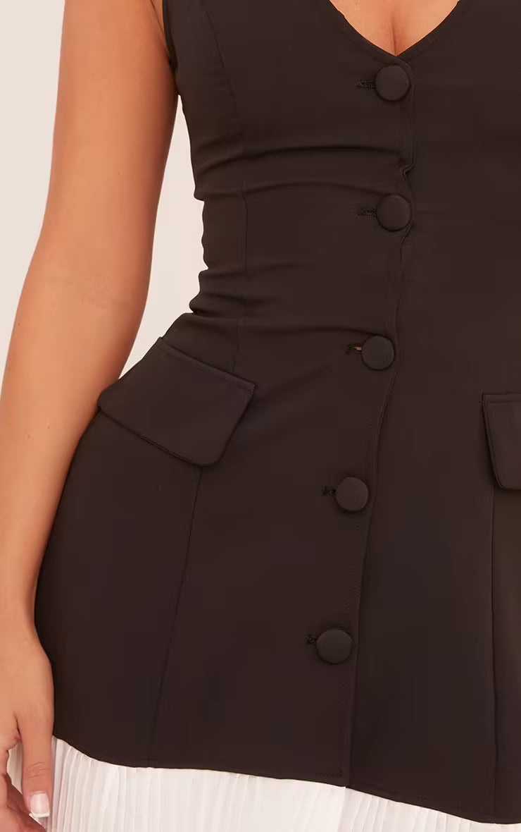 V Neck Button Front Contrast Hem Tailored Mini Dress In Black Woven