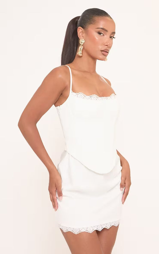 Ego - Lace Trim Corset Overlay Mini Dress In White