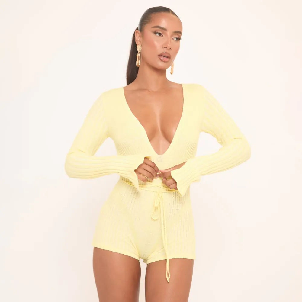 Ego - Long Sleeve Plunge Strappy Waist Playsuit In Contrast Yellow Knit