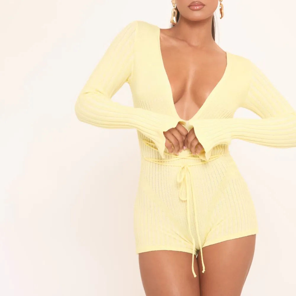 Ego - Long Sleeve Plunge Strappy Waist Playsuit In Contrast Yellow Knit