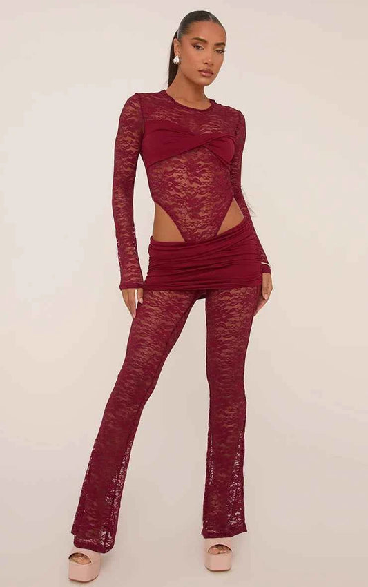 Ego - Long Sleeve Contrast Twist Bust Detail Bodysuit And Low Rise Foldover Flared Leg Trouser Co-Ord Set