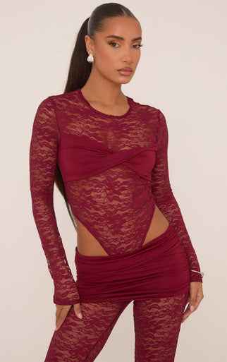 Ego - Long Sleeve Contrast Twist Bust Detail Bodysuit And Low Rise Foldover Flared Leg Trouser Co-Ord Set