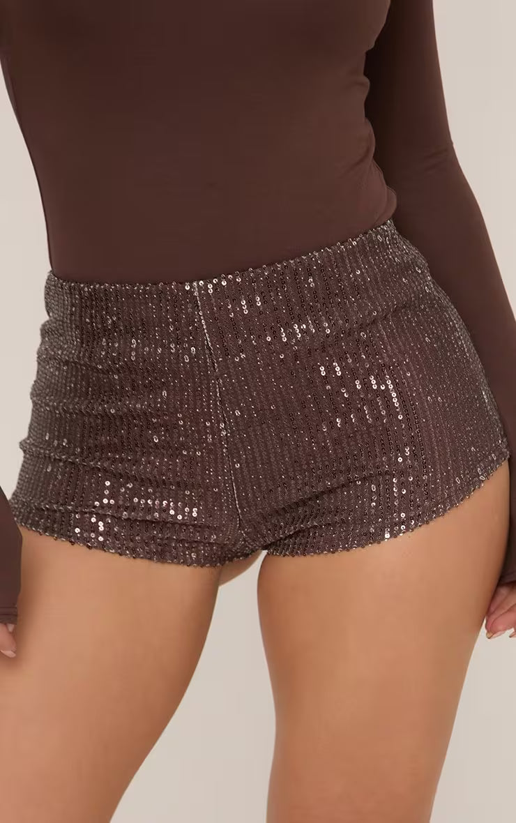 Ego - Mid Rise Hot Pant Shorts In Chocolate Brown Sequin