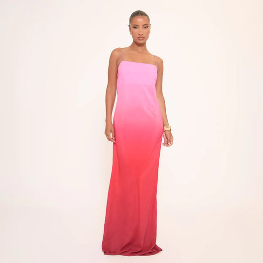 Square Neck Strappy Maxi Dress In Pink Ombre Print
