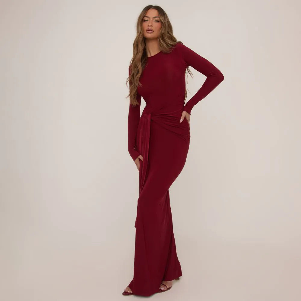 Ego - Long Sleeve Drape Waist Detail Maxi Dress In Burgundy Slinky