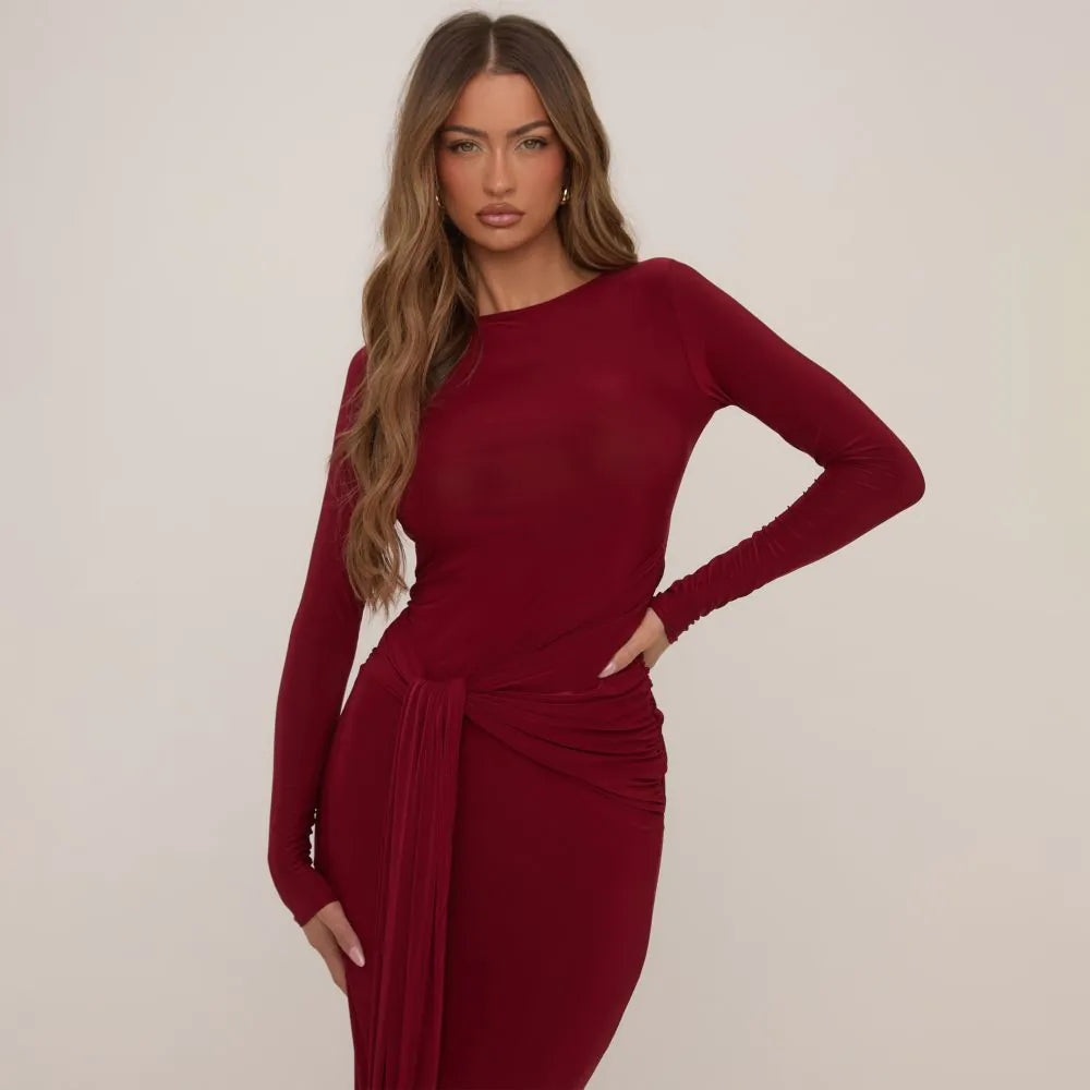 Ego - Long Sleeve Drape Waist Detail Maxi Dress In Burgundy Slinky