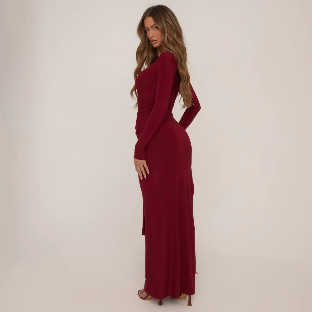 Ego - Long Sleeve Drape Waist Detail Maxi Dress In Burgundy Slinky
