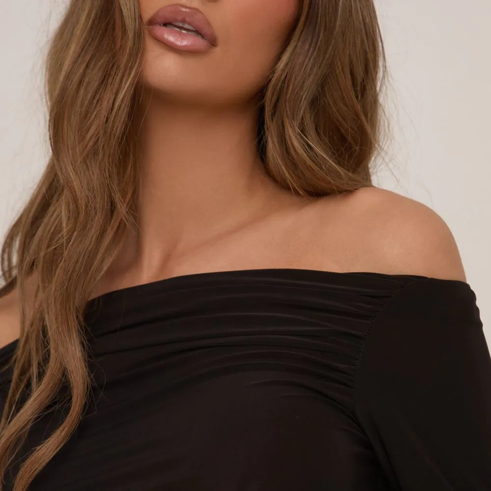 Bardot Flared Sleeve Top In Black Slinky