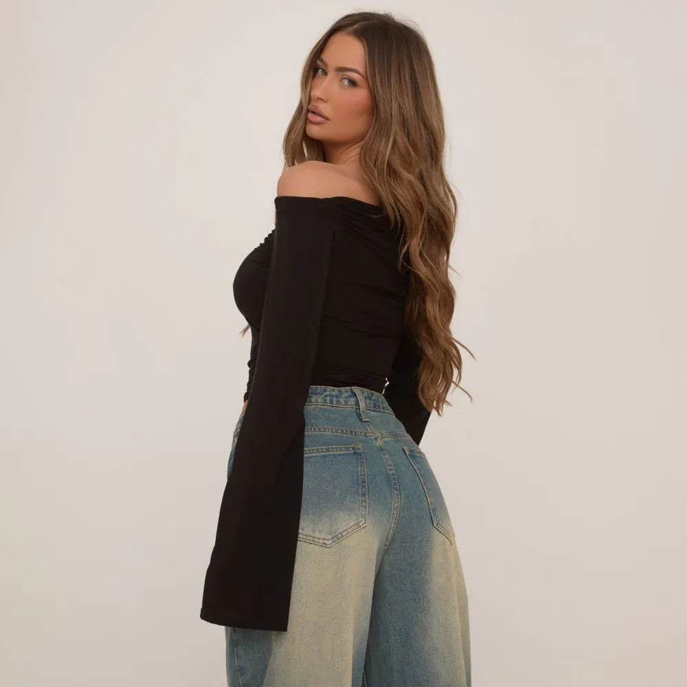 Bardot Flared Sleeve Top In Black Slinky