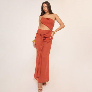 Ego - One Shoulder Asymmetric Ruched Drape Detail Maxi Dress In Orange Chiffon