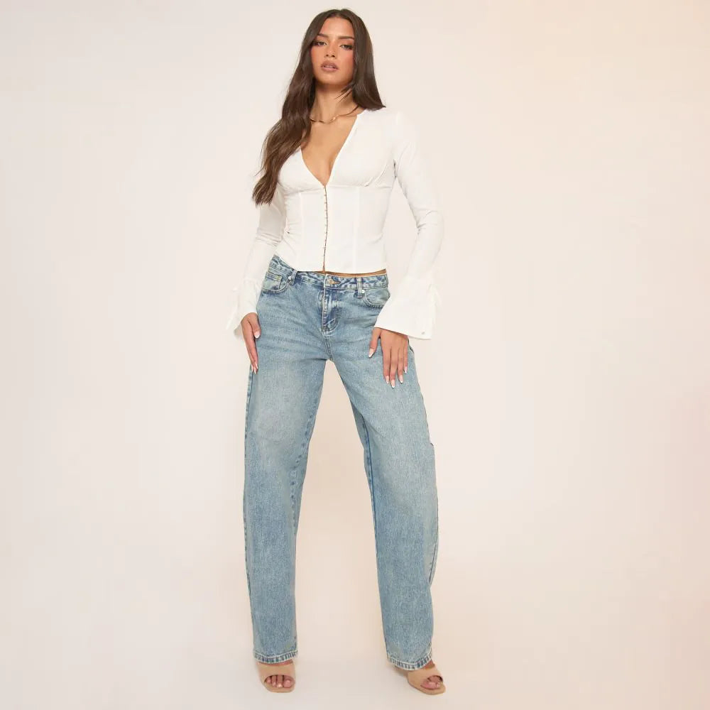 Long Sleeve Hook And Eye Detail Shirt In White Cotton Poplin