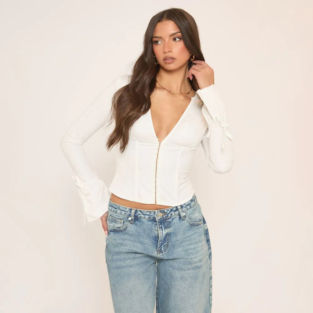 Long Sleeve Hook And Eye Detail Shirt In White Cotton Poplin