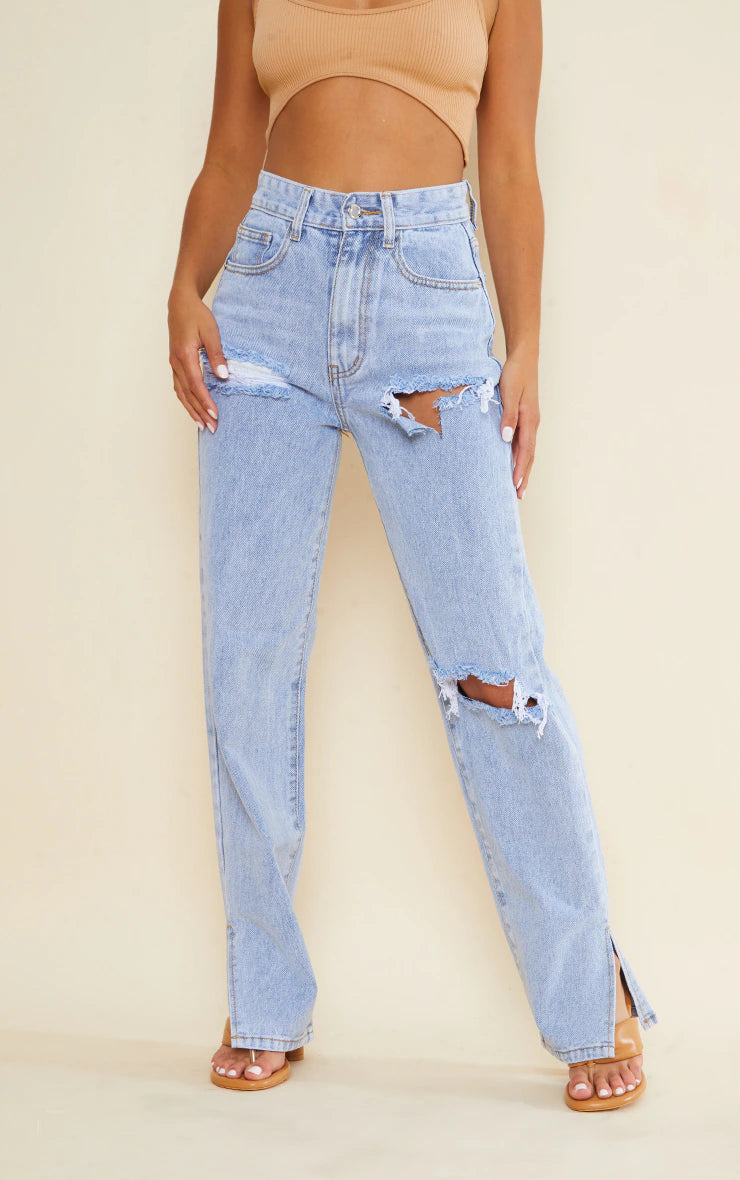 PETITE BLEACH WASH RIPPED SPLIT HEM JEANS