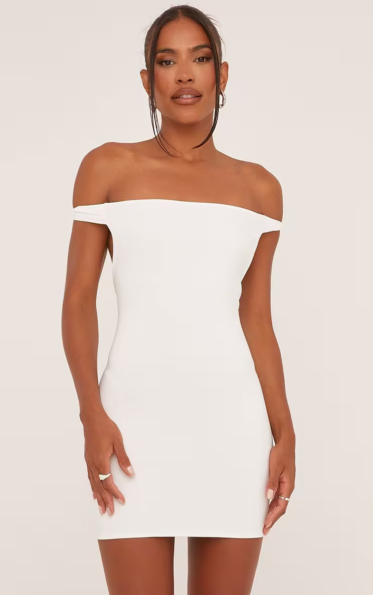 Ego - Bardot Twist Strap Detail Open Back Mini Bodycon Dress In White Slinky