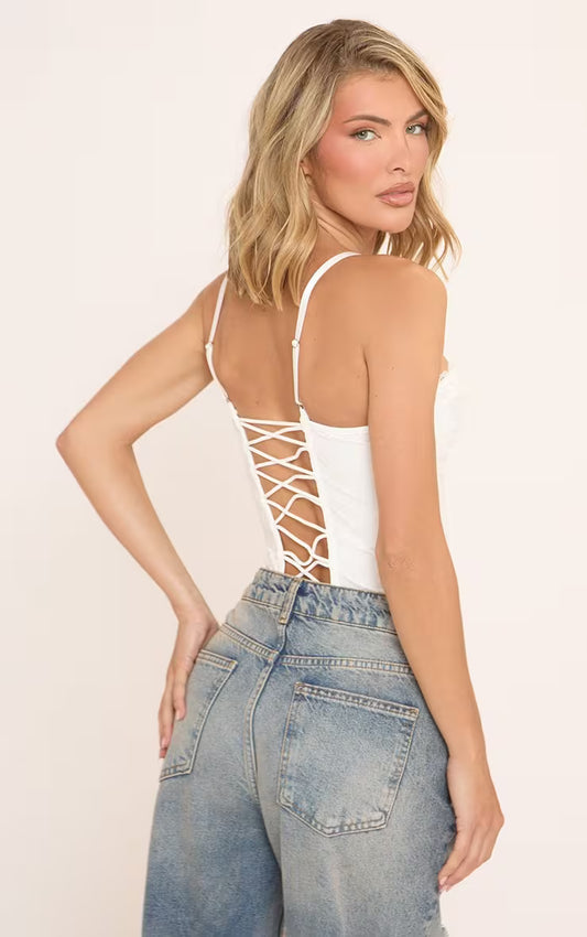 Ego - Hook And Eye Lace Up Back Detail Corset Top In White Lace