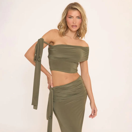 Off The Shoulder Tie Detail Crop Top In Green Slinky