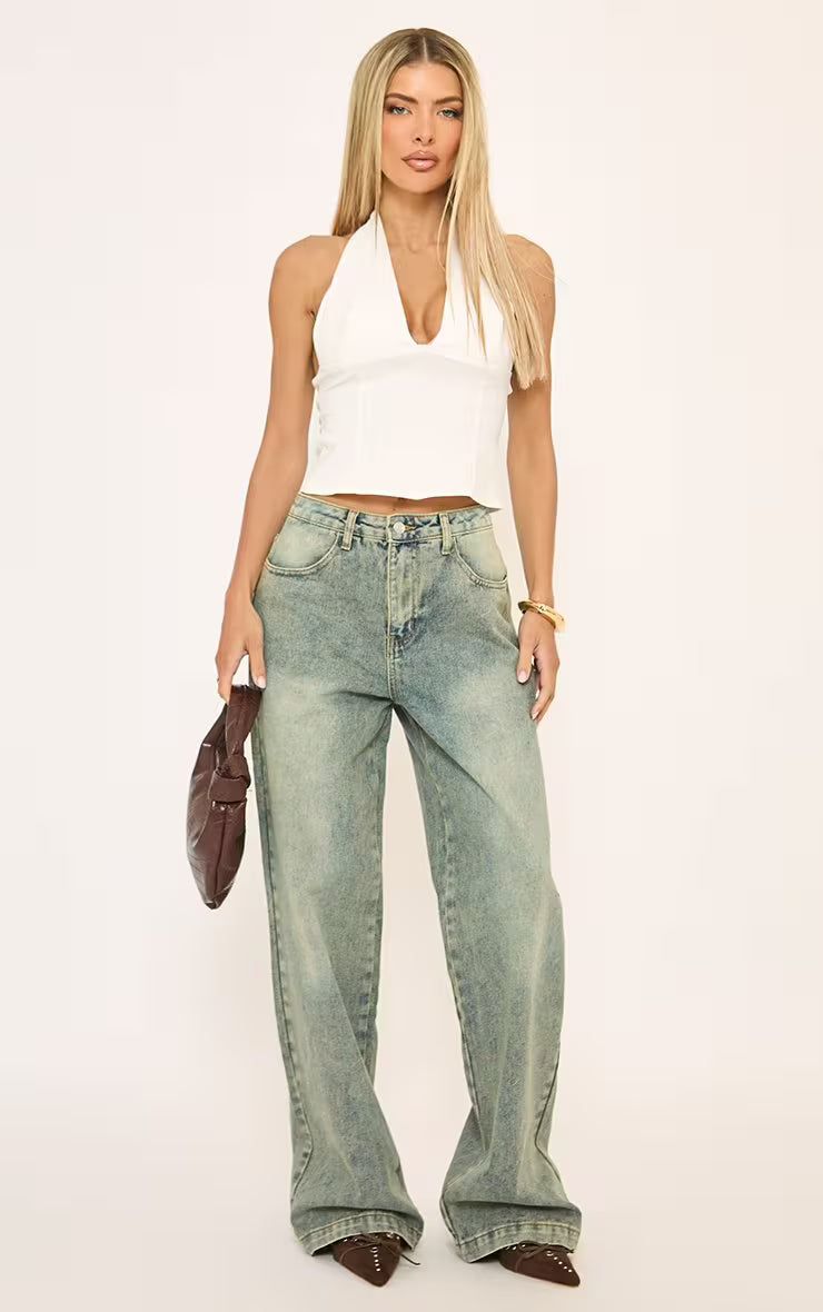 Ego - Plunge Halterneck Top In White