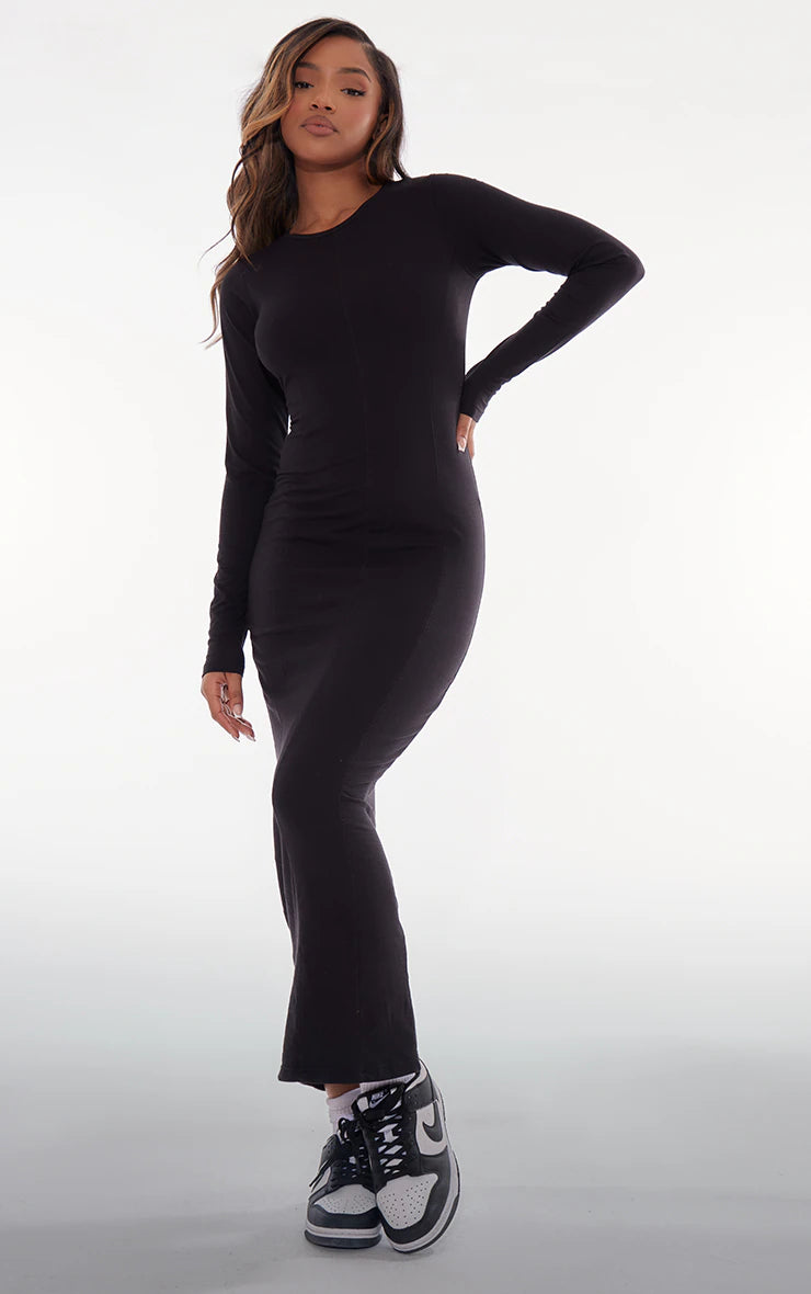 Black Cotton Contrast Seam Long Sleeve Maxi Dress