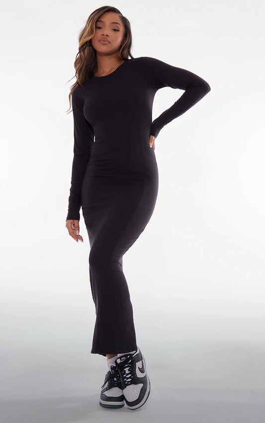 Black Cotton Contrast Seam Long Sleeve Maxi Dress