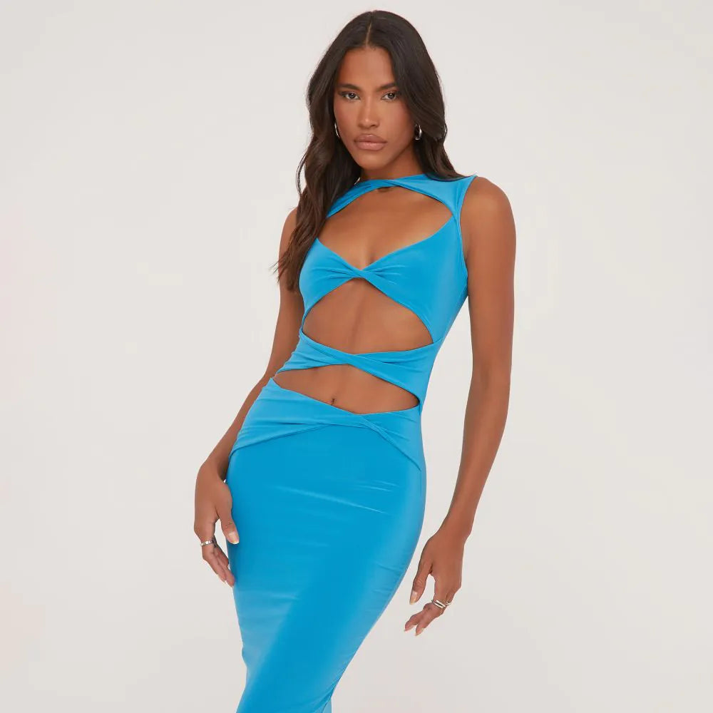 Sleeveless Cut Out Twist Front Detail Maxi Dress In Blue