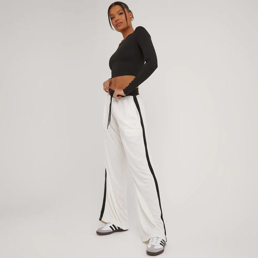 High Waist Contrast Stripe Detail Wide Leg Joggers In Cream