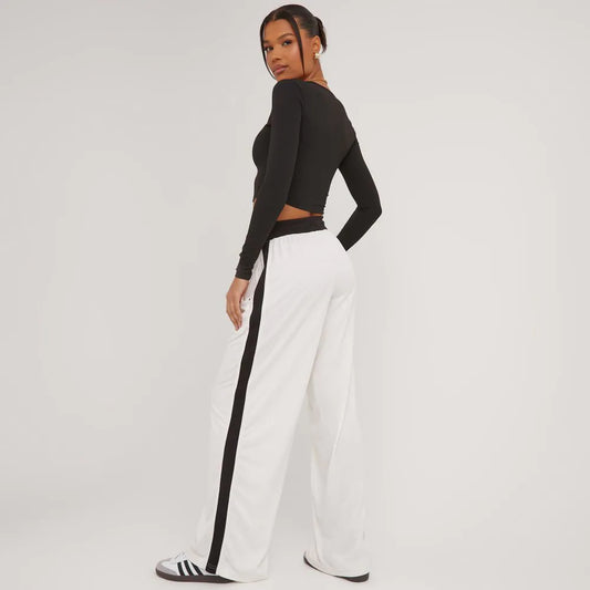 High Waist Contrast Stripe Detail Wide Leg Joggers In Cream