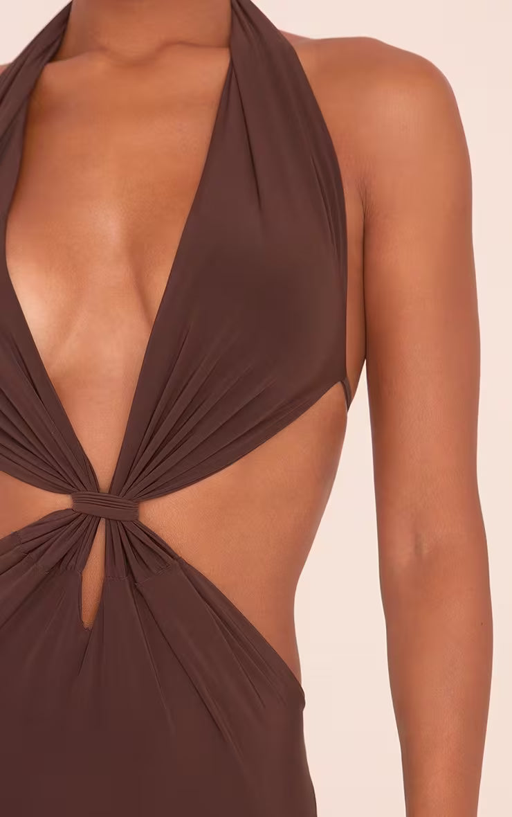 Ego - Plunge Halterneck Knot Front Maxi Dress In Chocolate Brown Slinky