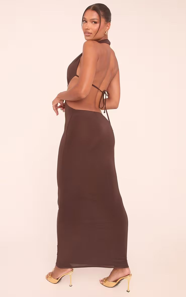 Ego - Plunge Halterneck Knot Front Maxi Dress In Chocolate Brown Slinky