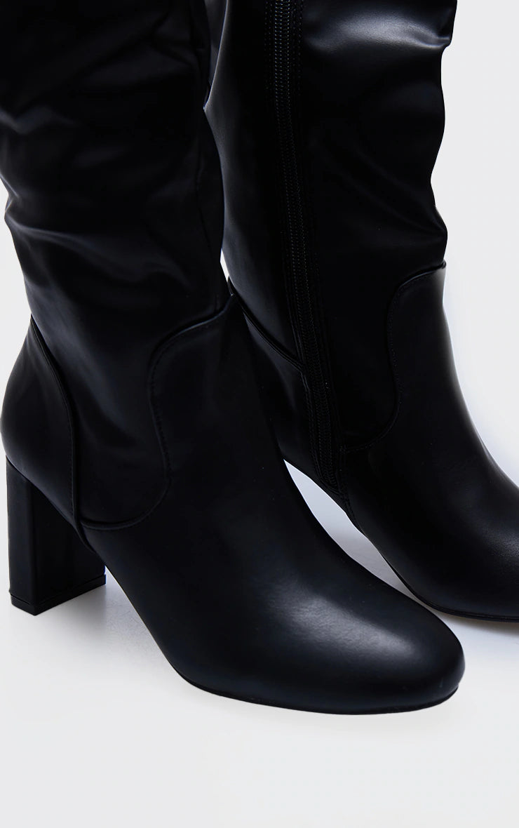 Black PU Round Toe Stitch Detail High Block Heeled Knee Boots