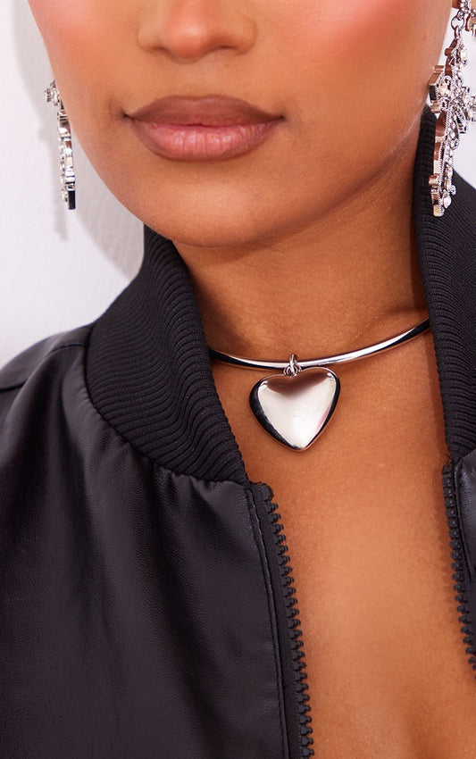 Silver Chrome Chunky Heart Necklace
