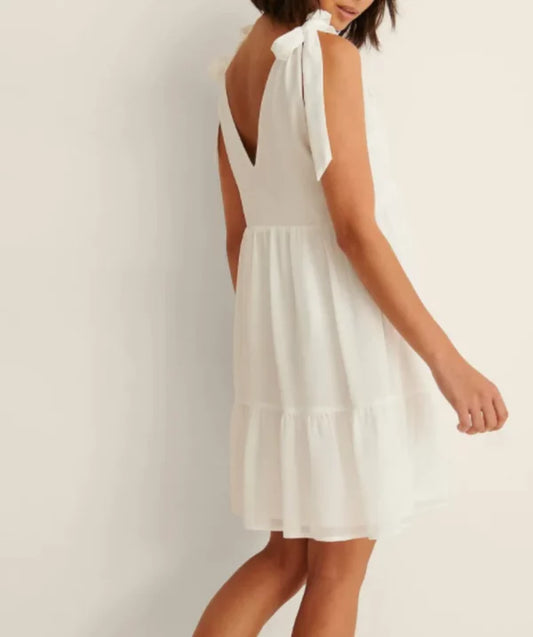 White Tie Shoulder Chiffon Flounce Dress