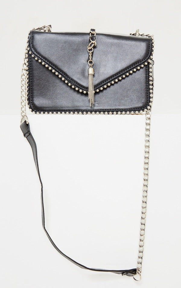 Black PU Chain and Tassel Trim Cross Body Bag