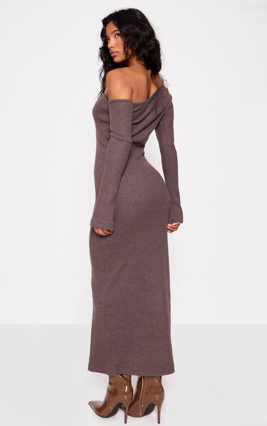 Chocolate Heavy Brushed Asymmetric Maxi Dress