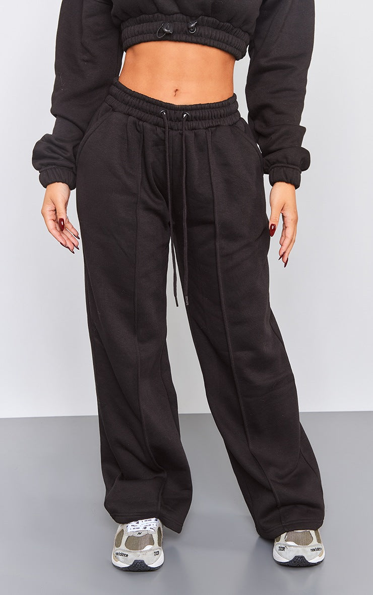 Petite Black Wide Leg Seam Detailed Sweatpants