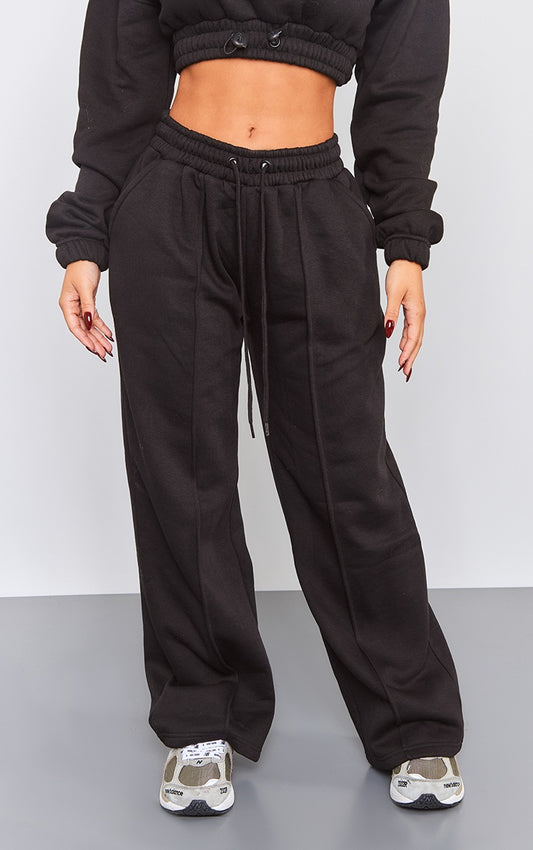Petite Black Wide Leg Seam Detailed Sweatpants