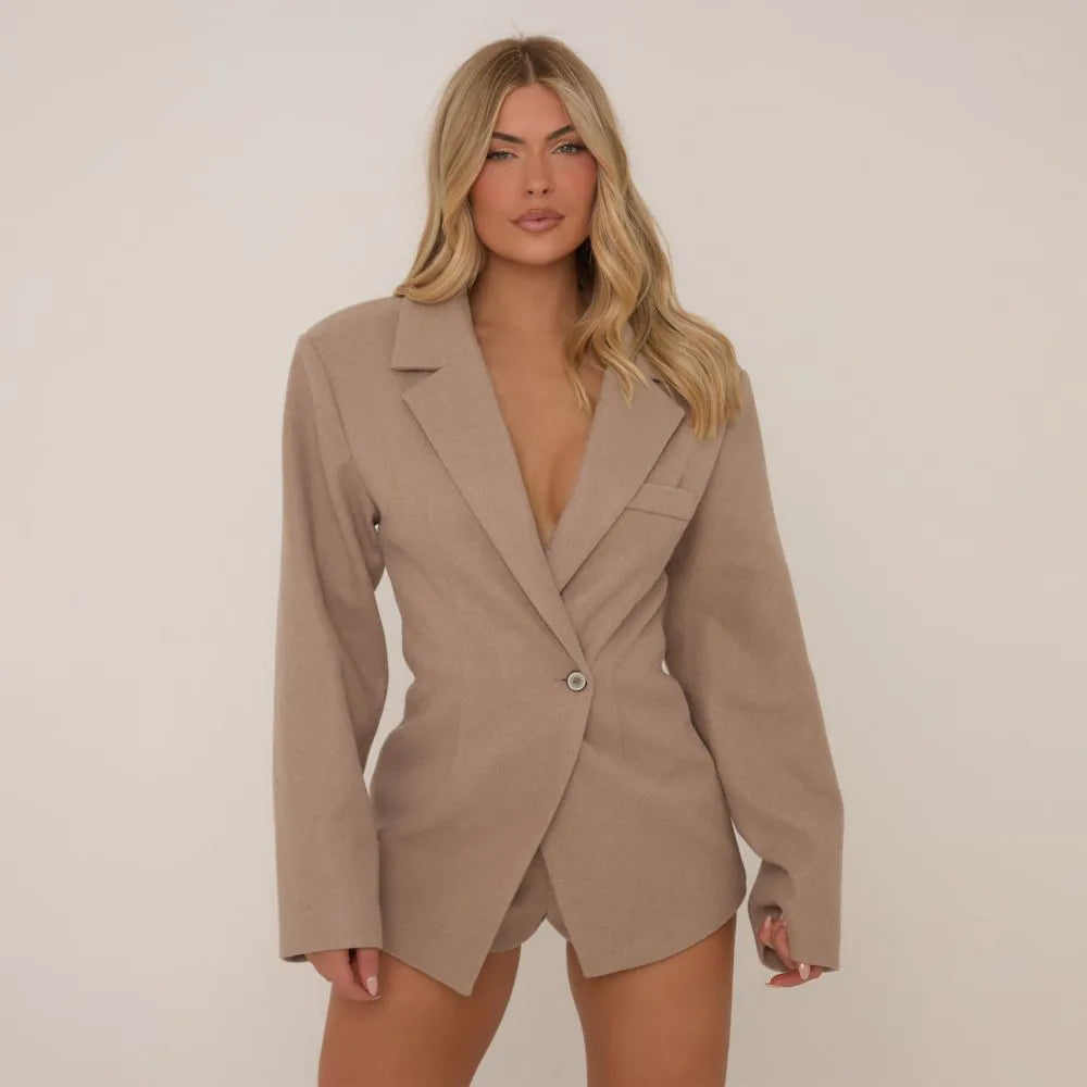 Cinched Waist Wool Look Blazer Dress In Taupe Brown