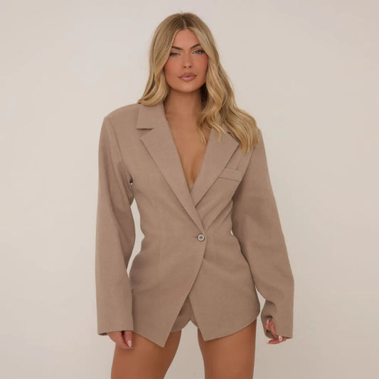 Cinched Waist Wool Look Blazer Dress In Taupe Brown