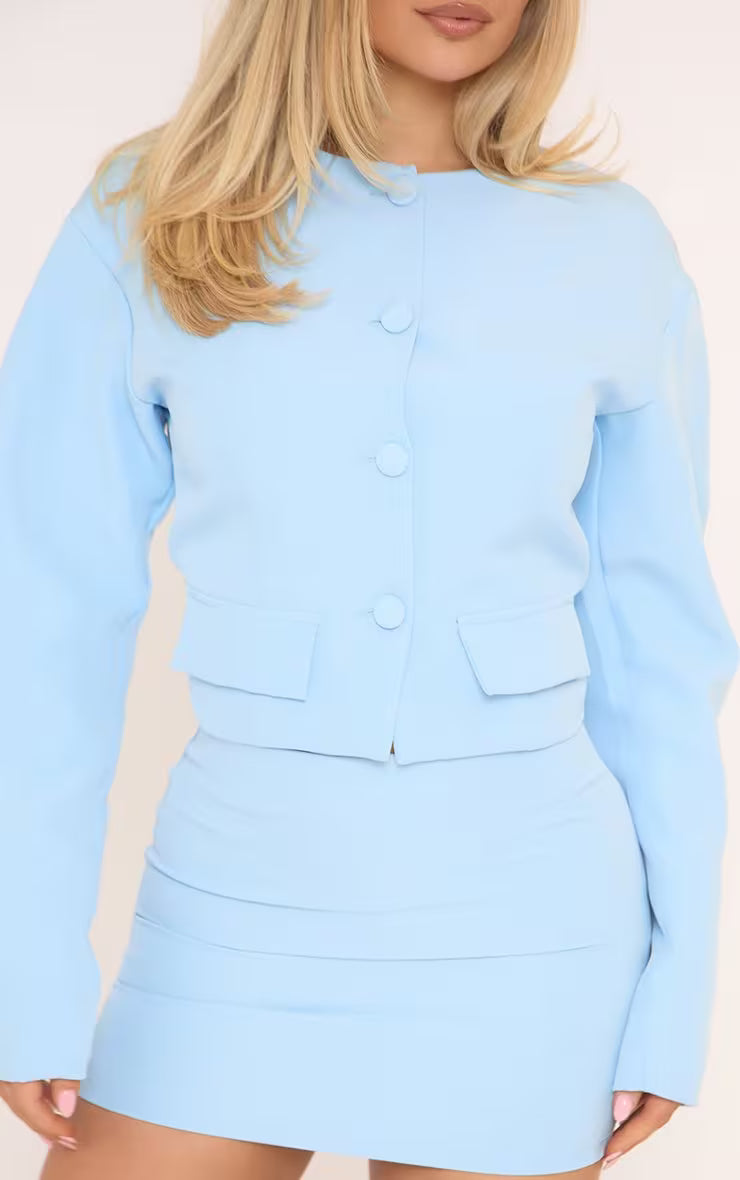Long Sleeve Button Front Tailored Blazer And Mini Skirt Co-Ord Set In Baby Blue