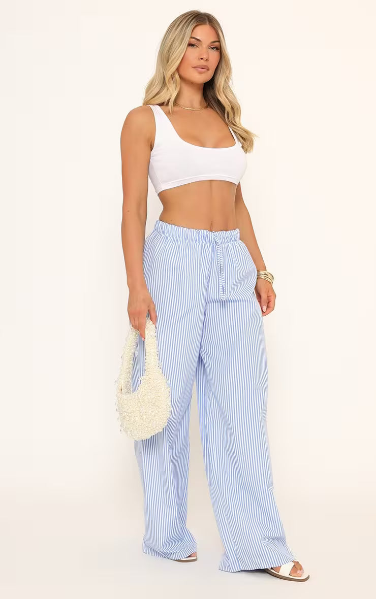 Ego - high waist tie detail wide leg trousers in blue stripe