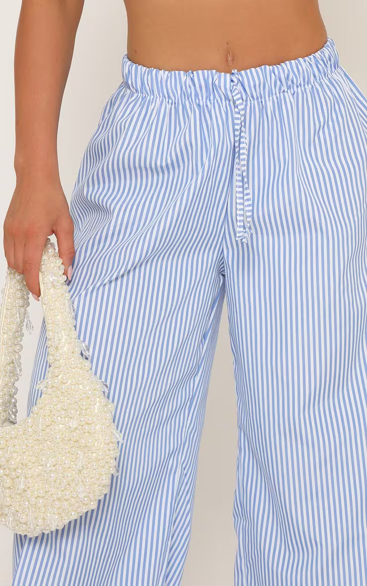 Ego - high waist tie detail wide leg trousers in blue stripe