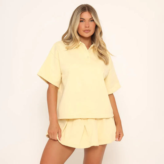 Short Sleeve Polo Collar Detail Oversized Sweatshirt In Yellow