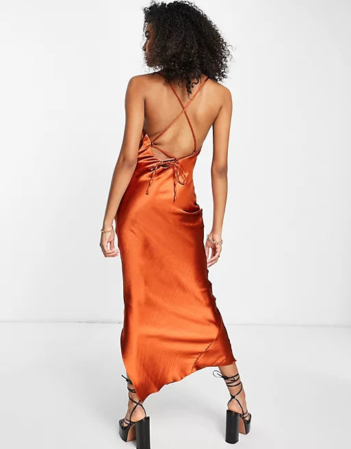 Cami Maxi Slip Dress In High Shine Satin With Lace Up Back In