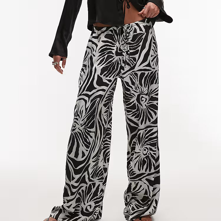 Topshop mono abstract shell print satin drawcord pants in grey