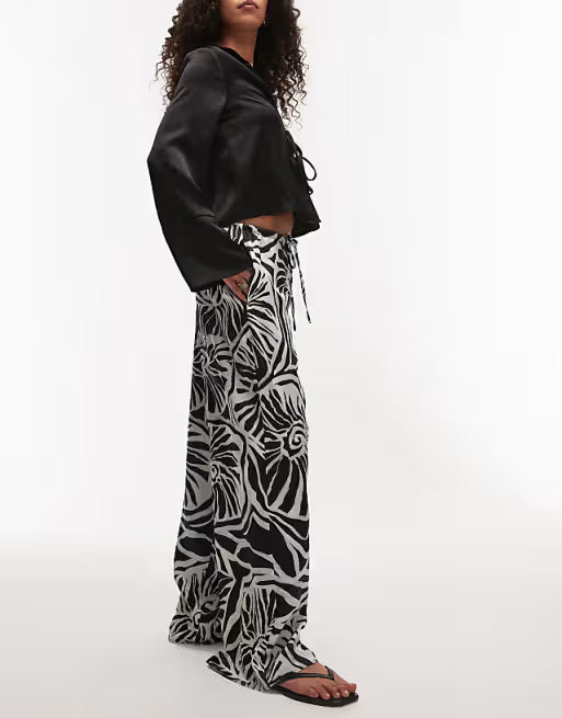 Topshop mono abstract shell print satin drawcord pants in grey