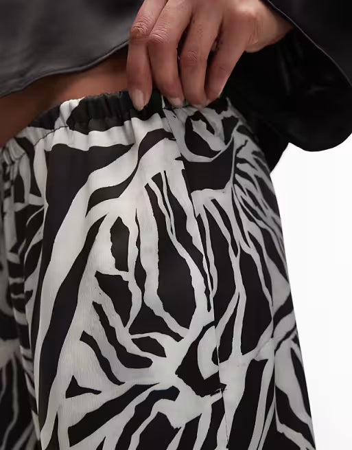 Topshop mono abstract shell print satin drawcord pants in grey