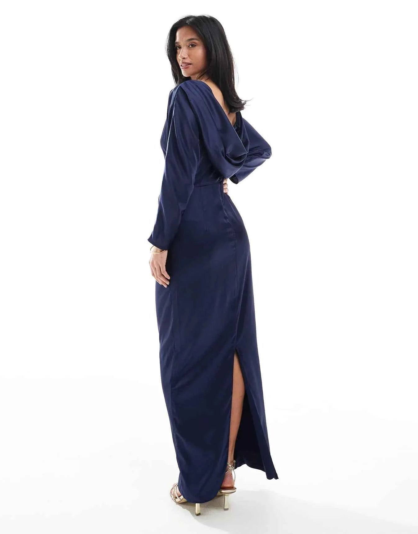 TFNC Petite Bridesmaid long sleeve satin cowl back maxi dress in navy