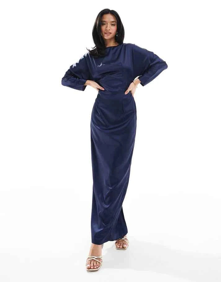 TFNC Petite Bridesmaid long sleeve satin cowl back maxi dress in navy